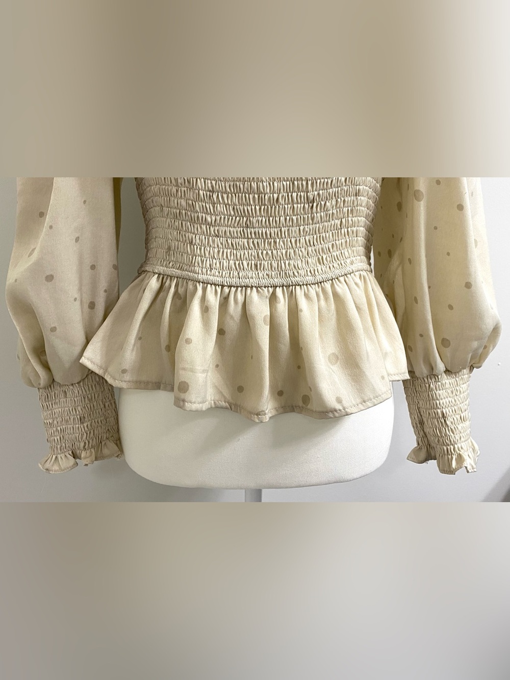 Mine Womens L Tan Polka Dot Satin Peplum Top Boho Fall Neutral Fairy Cottagecore - Picture 3 of 13